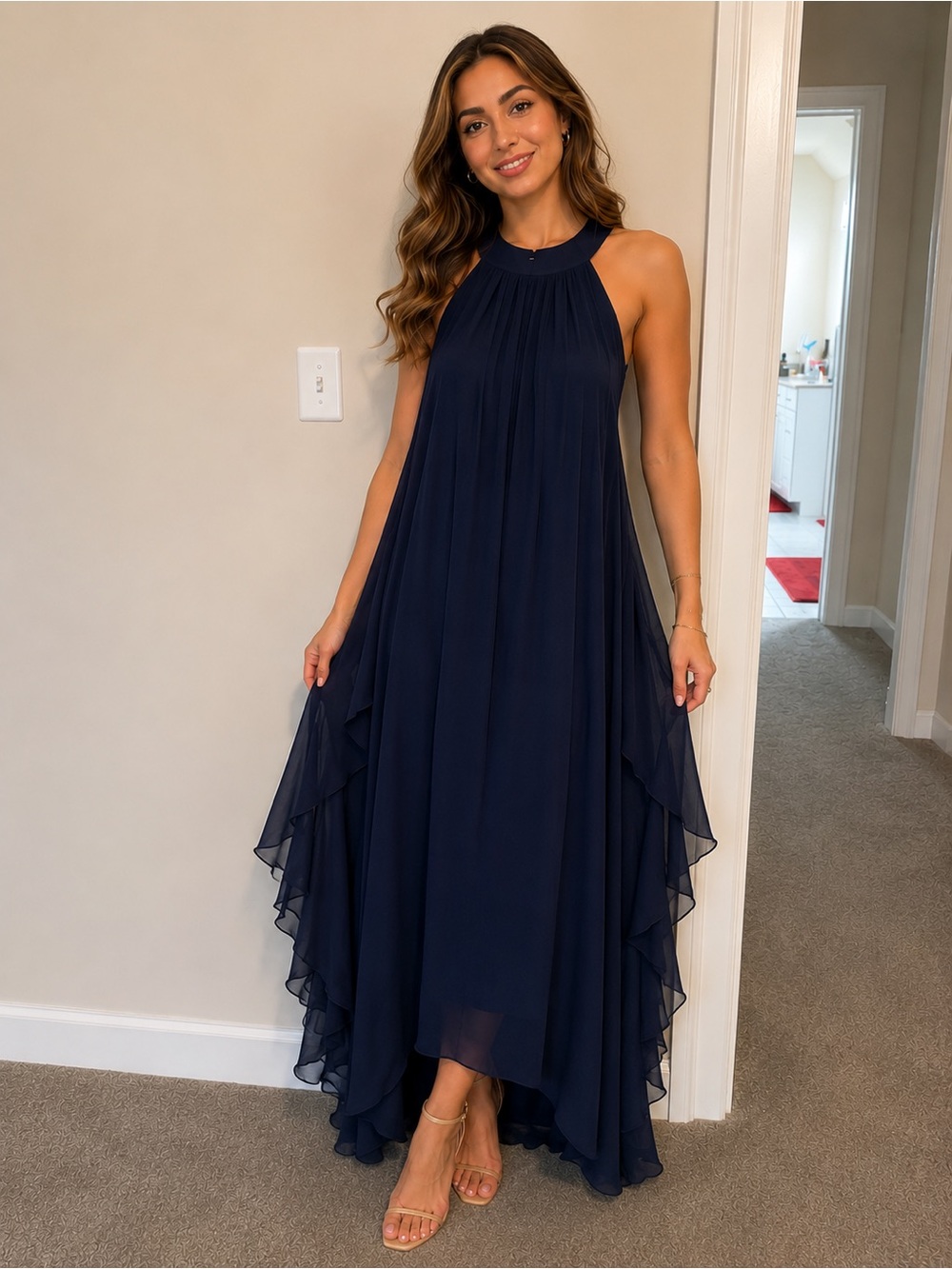 bailey blue Navy Halter Ruffled Layered Maxi Dress